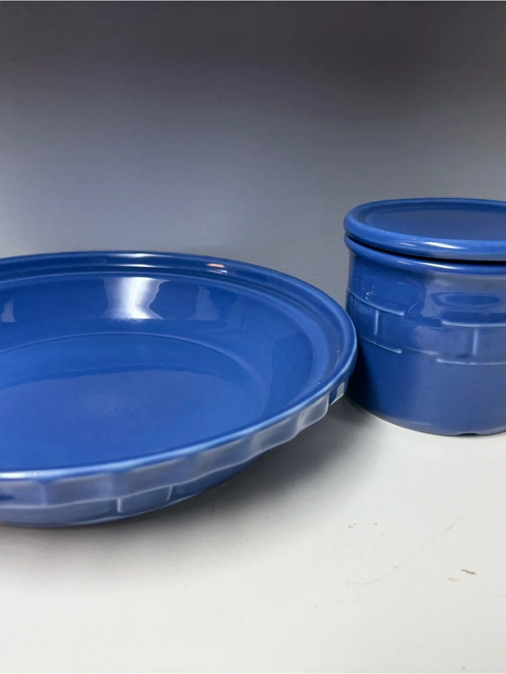 Longaberger Woven Traditions Cornflower Blue ceramic pie plate & pint salt crock